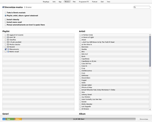 schermata sincronizza musica itunes