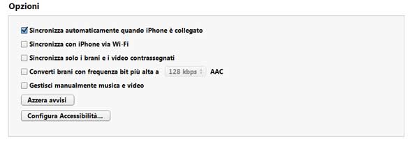 schermata itunes opzioni