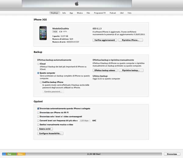 schermata itunes riepilogo