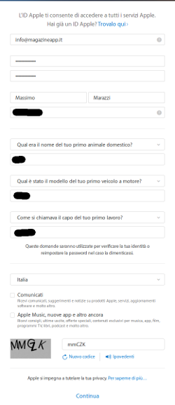 Prima schermata di inserimento dati per la creazione dell'ID apple