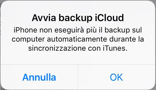 Messaggio attivazione backup di icloud