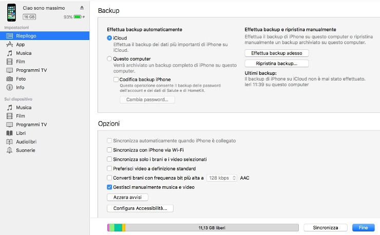 Backup itunes schermata riepilogo