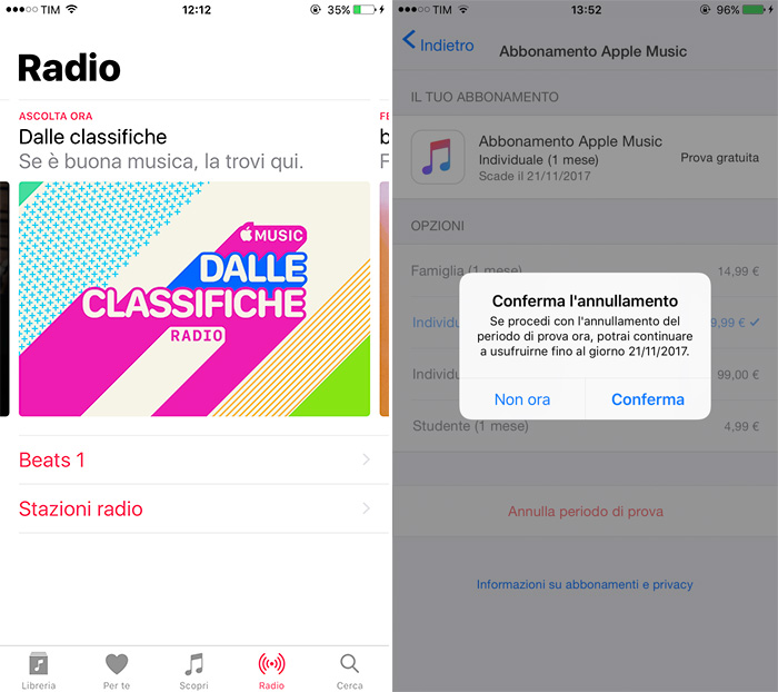 Apple Music Schermata Radio e abbonamento