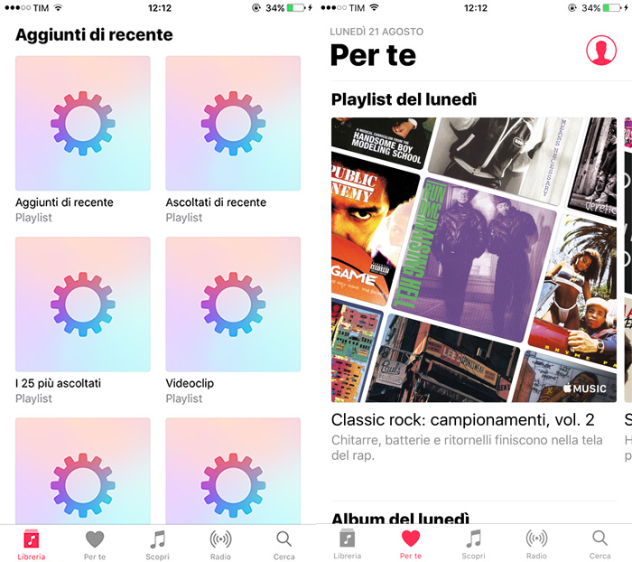 Apple Music - Schermata Libreria e Per Te