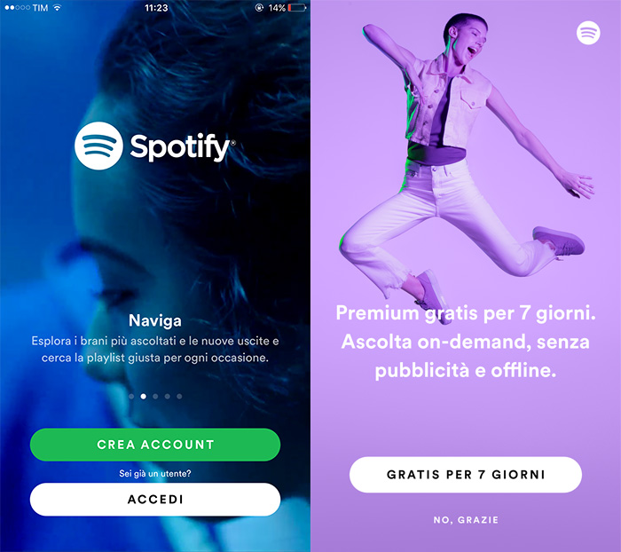 Spotify schermata iscrizione