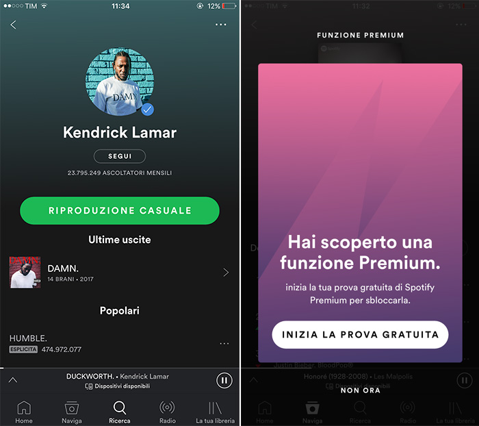 Schermata contenuti premium e musica random